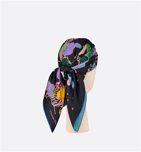 Dior Ciel de Rêve Square Scarf Black and Light Blue Silk Twill